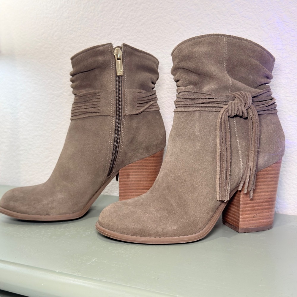 Jessica Simpson Sesley Taupe Suede Fringe Tassel Ankle Boots Womens 6M Boho